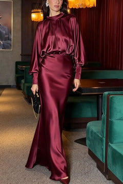 Burgundy High Neck Bishop Sleeve Gathered Bodice Satin Maxi Dress [erp-image:2d761b1ac07bf46c1a55e601]
