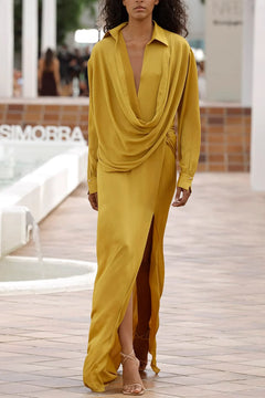 Mustard Yellow Draped Cowl Neck Long Sleeve Maxi Dress with Slit [erp-image:cb4df2e06718d13e7e8e1dd0]