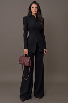 Black Mandarin Collar Tailored Blazer and Wide Leg Pants Two Piece Set [erp-image:63025741e28d8e77e1f5929e]