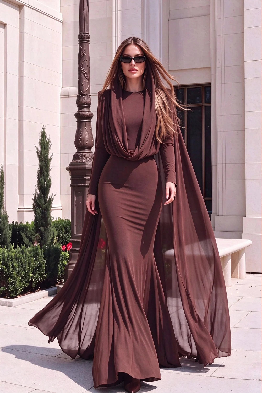 Brown Draped Cape Hooded Long Sleeve Mermaid Maxi Evening Dress [erp-image:192f72a2be2466b6b889bcda]