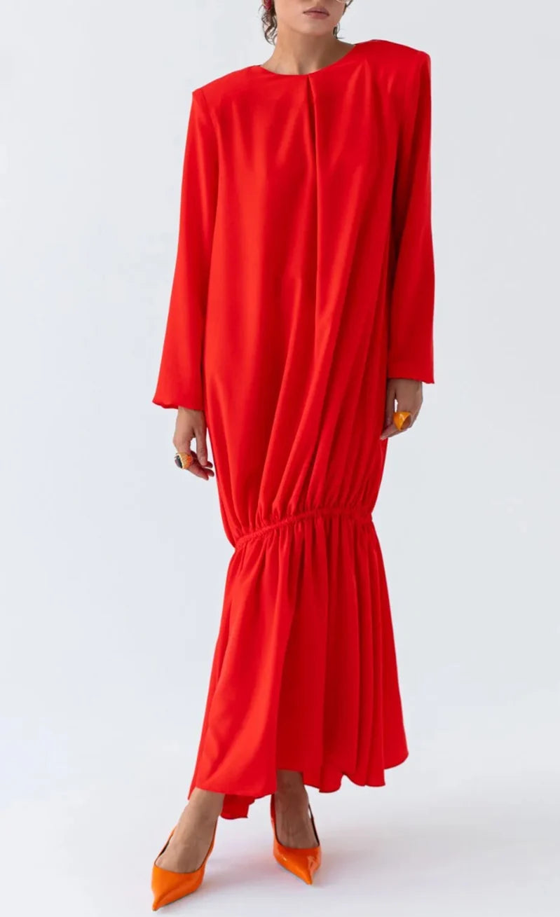 Red Padded Shoulder Long Sleeve Drop Waist Maxi Dress with Flounce Hem [erp-image:1b3e13fee16b0b824197f2b4]