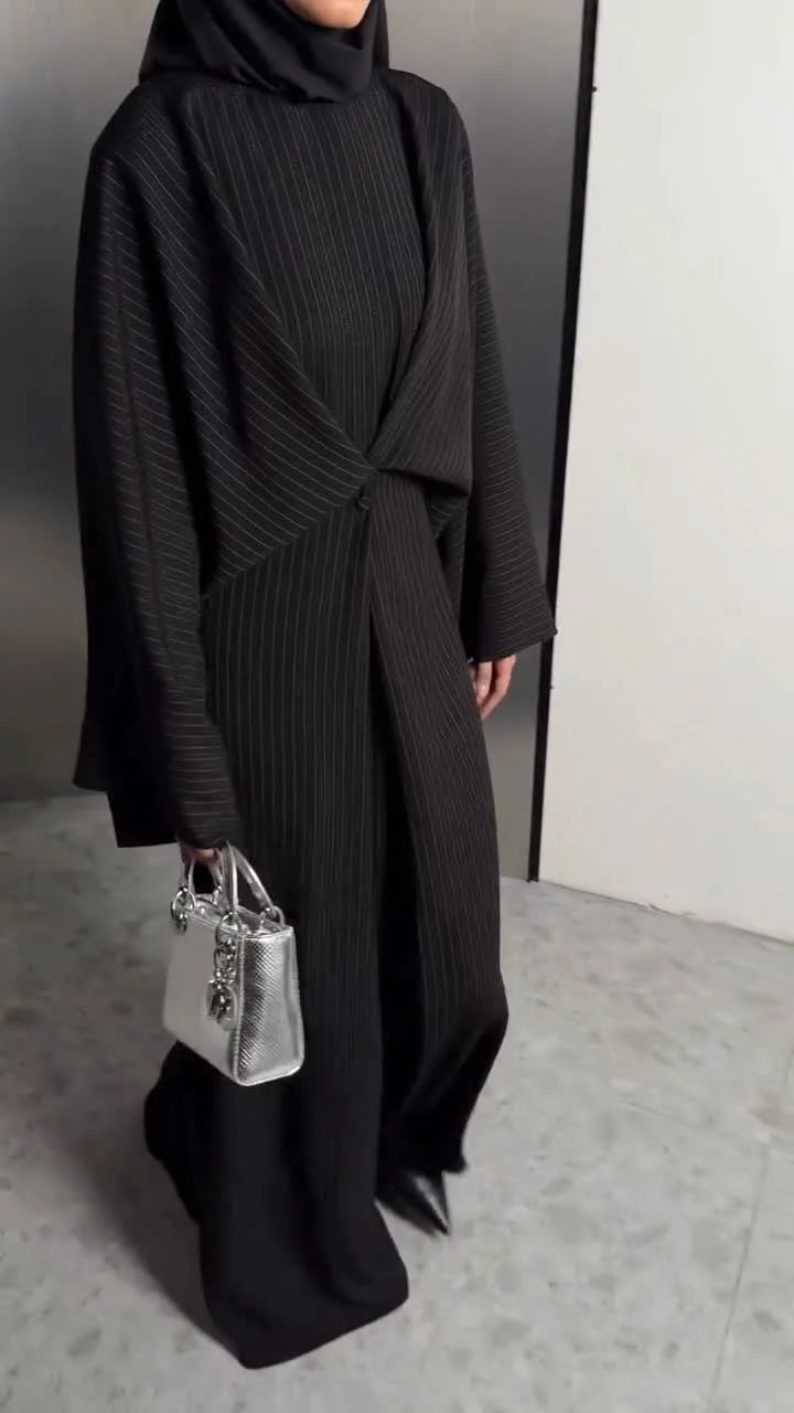 Black Pinstripe Long Sleeve Twist Front Abaya Maxi Dress with Wide Cut [erp-image:eb5b3e4b1e7a2efc95d677fc]
