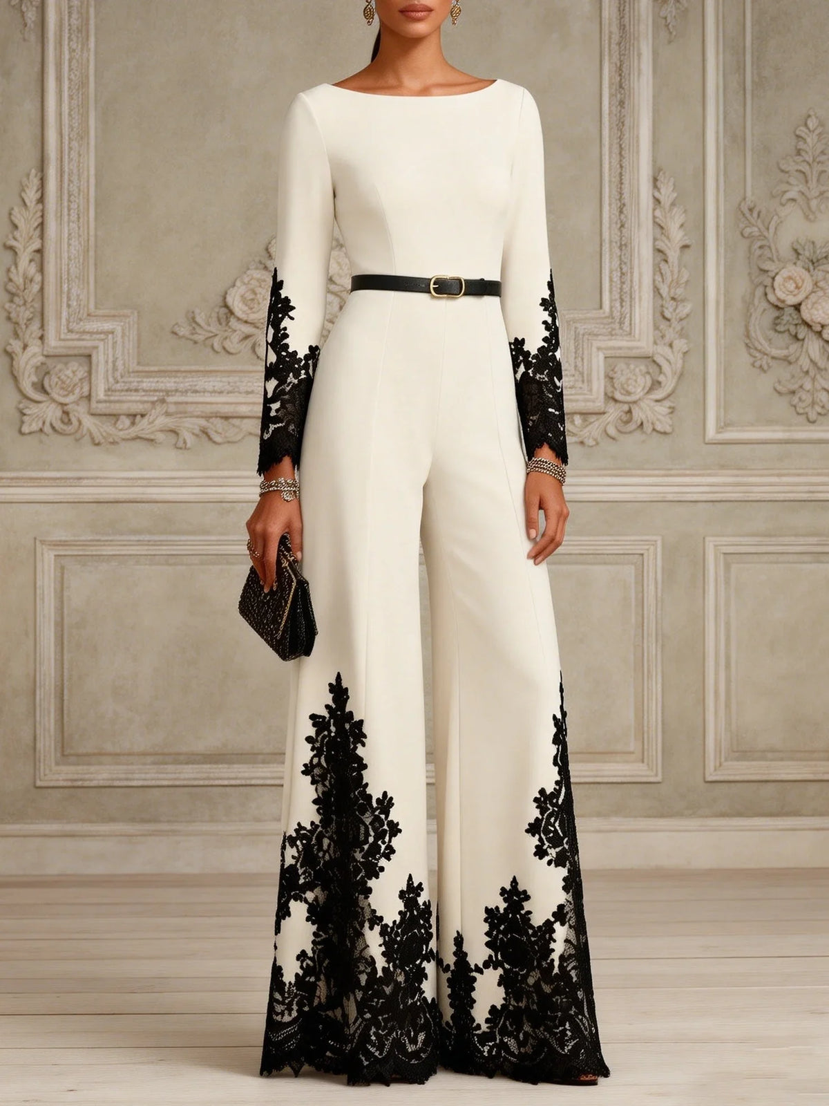 Elegant Long Sleeve Wide Leg Jumpsuit with Contrast Lace Trim [erp-image:3f5409b5de8c9ee4e2a84736]