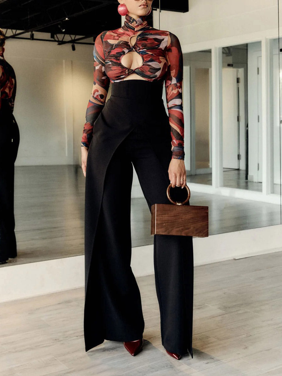 Elegant High-neck Cutout Abstract Print Bodysuit