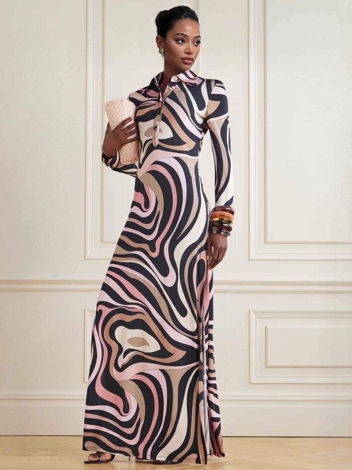 Unique Geometric Abstract Print Long-sleeved Maxi Dress