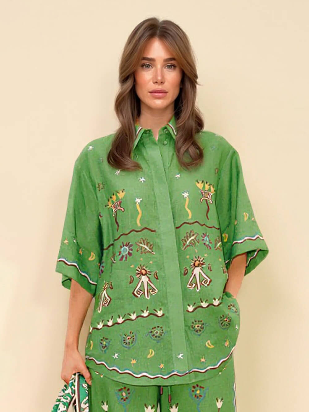 Camicia casual originale ampia con stampa di ballerina al sole e abbottonatura frontale