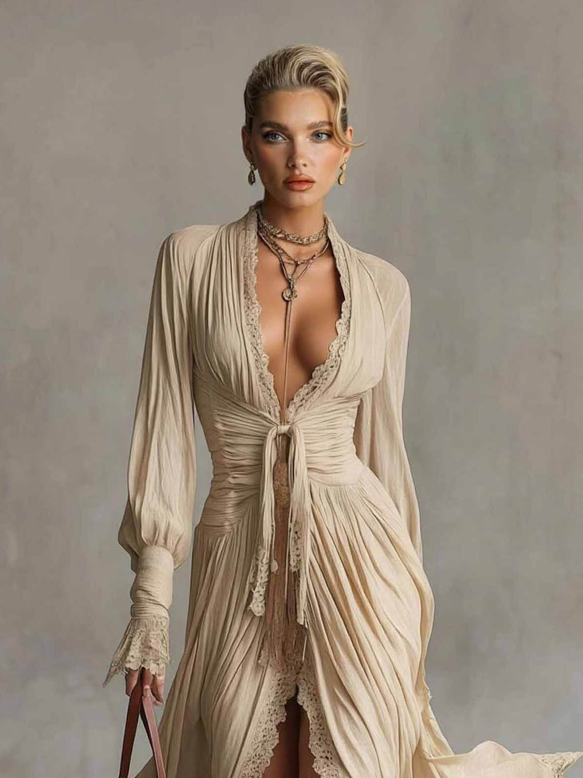 Abito camicia casual con volant e rifiniture in pizzo