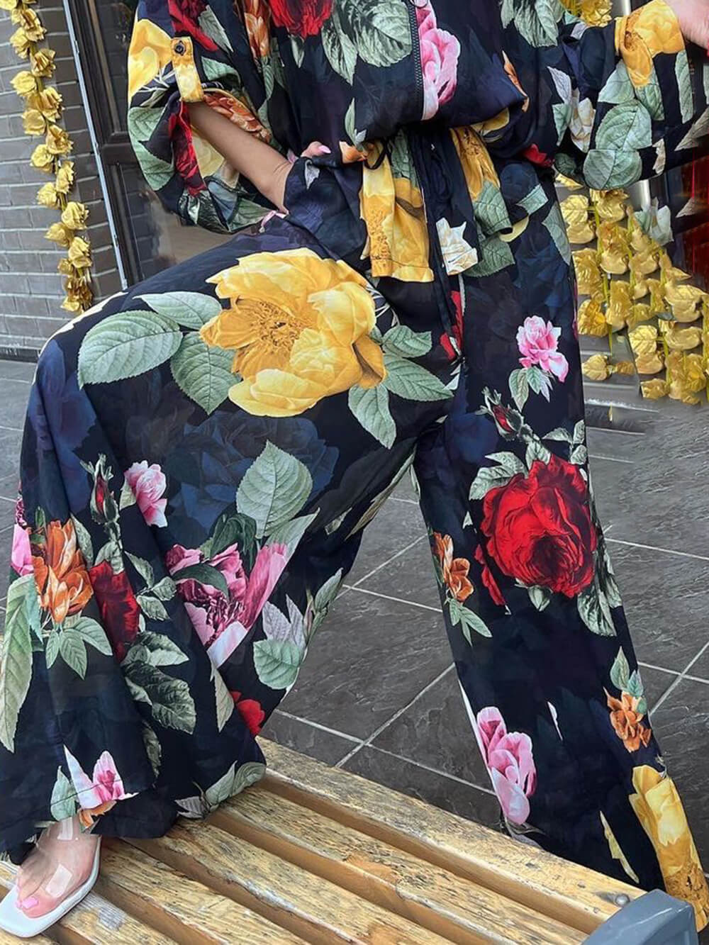 Pantalon ample à jambes larges, avec poches et taille élastique, à imprimé original et élégant