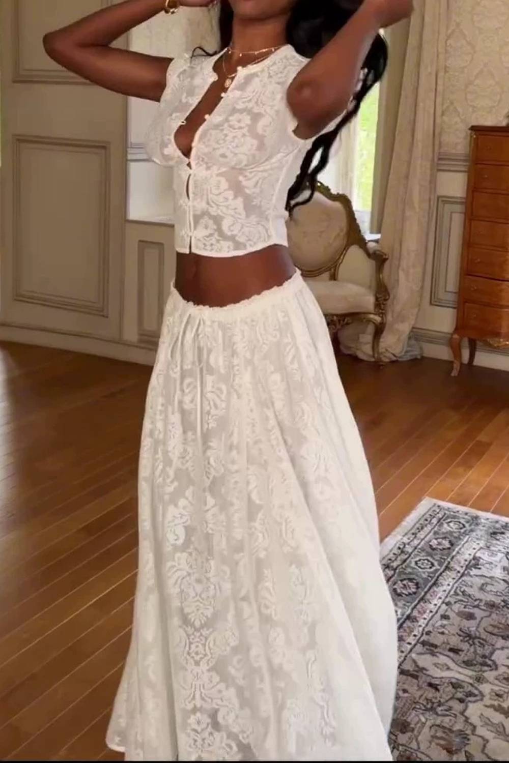 Lace Cap Sleeve Crop Top & Wide Leg Pants Two Piece Outfit
