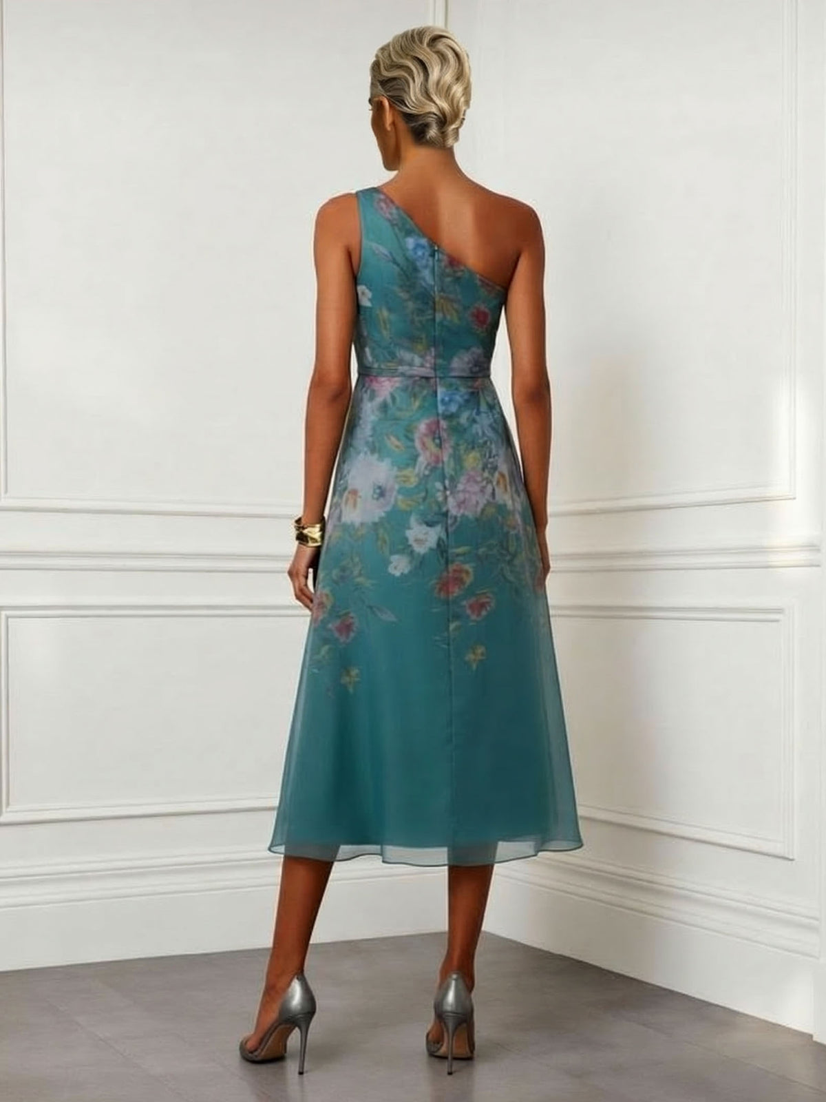 Robe midi élégante à une épaule, en tulle à imprimé floral