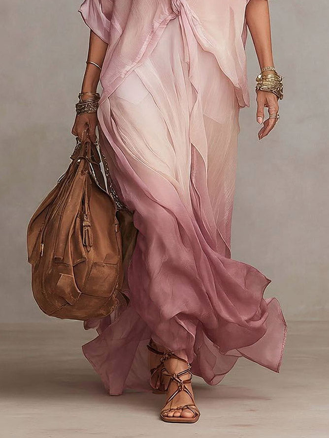 Vestido maxi elegante de chiffon em camadas com estampado degradé