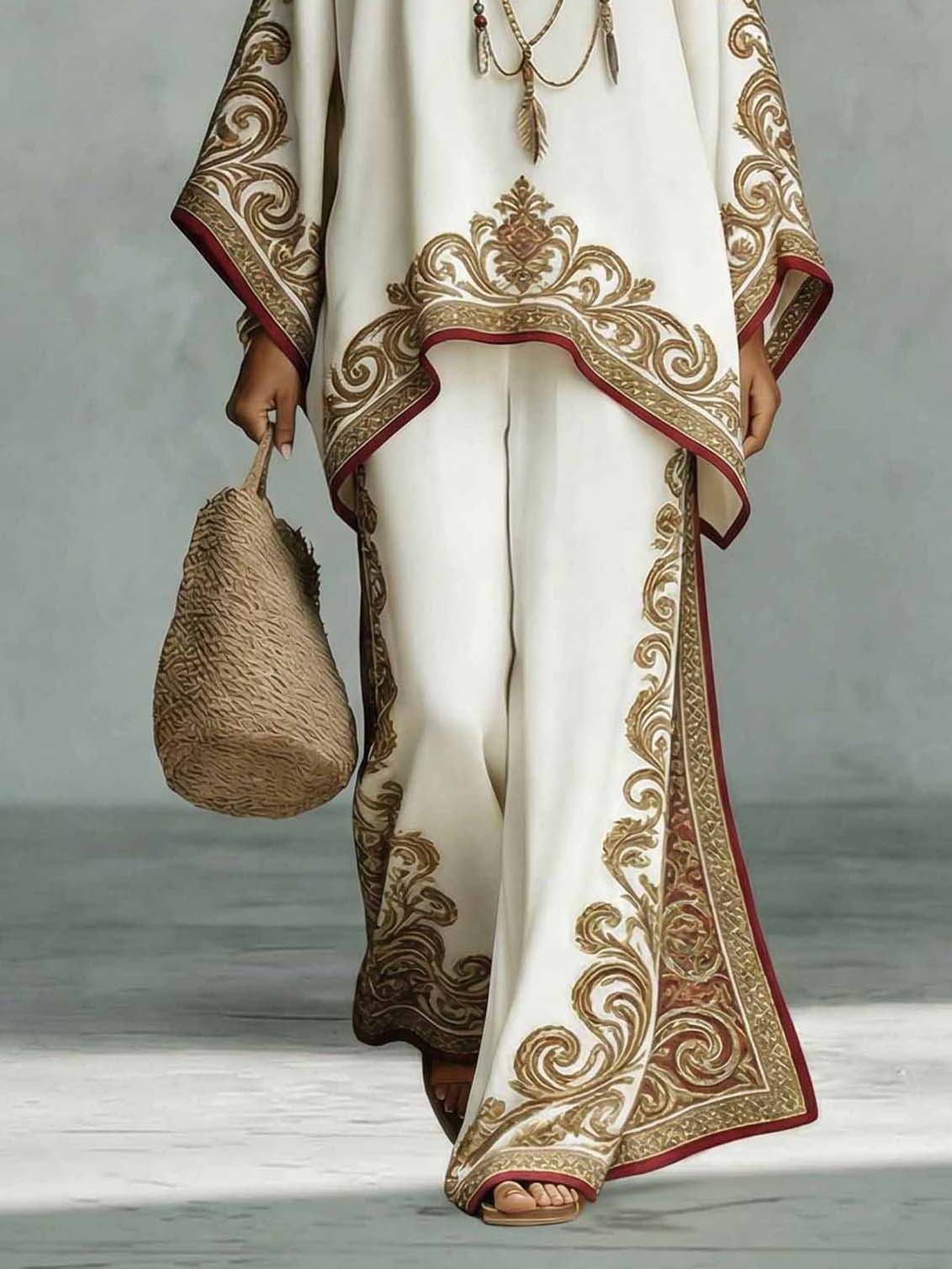 Elegantes zweiteiliges Set aus Oversize-Schultertuch-Oberteil aus bedrucktem Satin und Hose