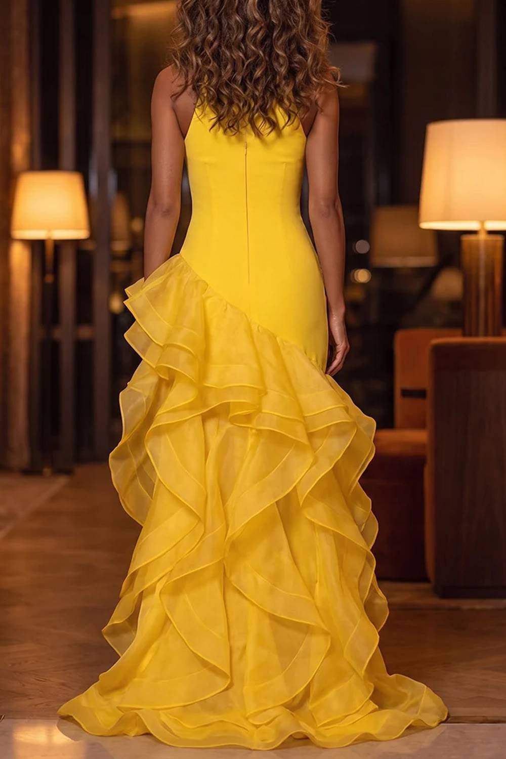 Sleeveless Round Neck Back Zipper Asymmetrical Layered Ruffle High‑Slit Evening Maxi Dress