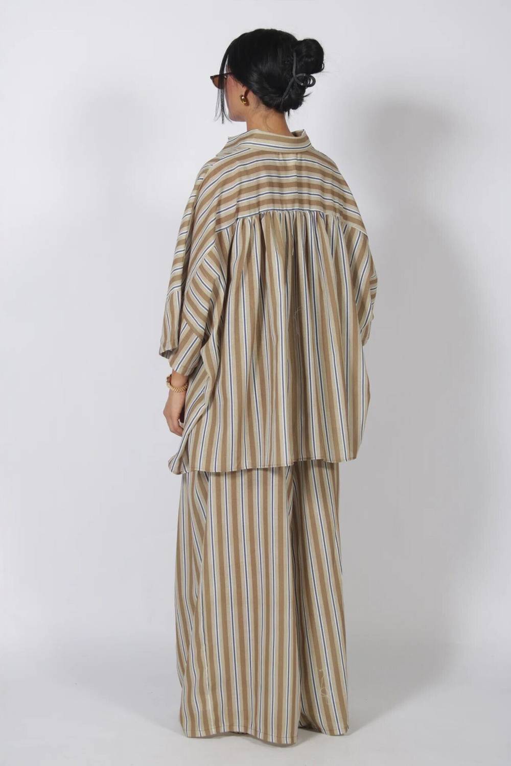 Striped Oversized Collared Button‑Up Shirt & Wide Leg Pants Two‑Piece Set
