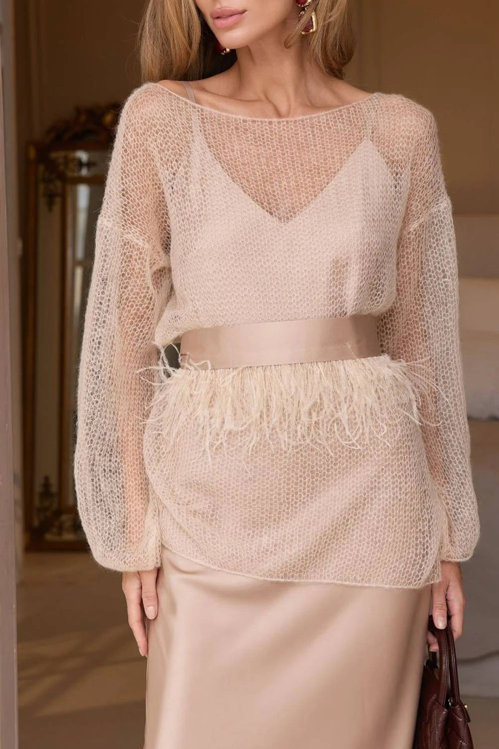 Knit Sweater and Satin Midi Dresses Two Piece Set with Feather Belt