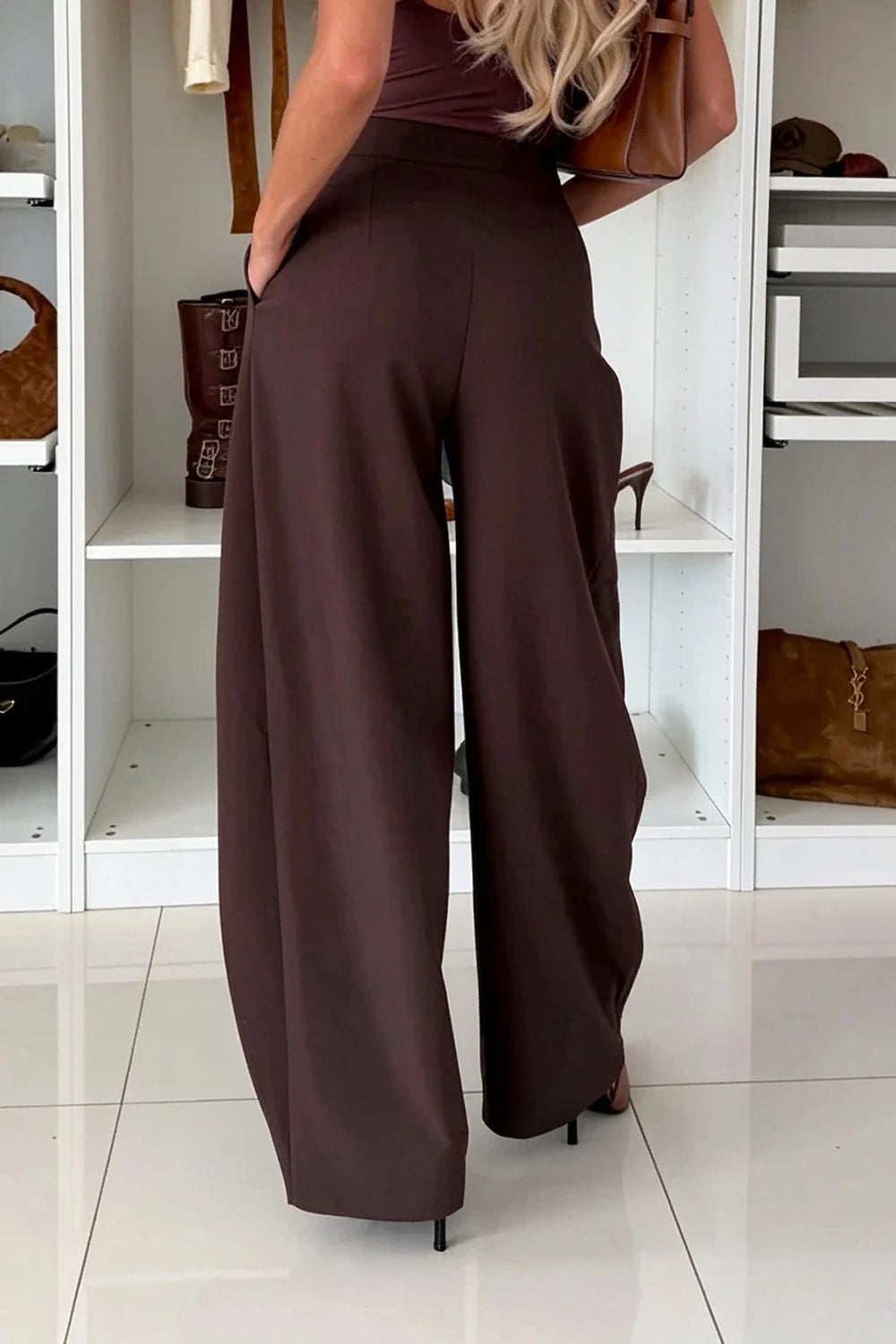 Vintage High-Waisted Wide-Leg Suit Trousers with Asymmetrical Button Cross Placket