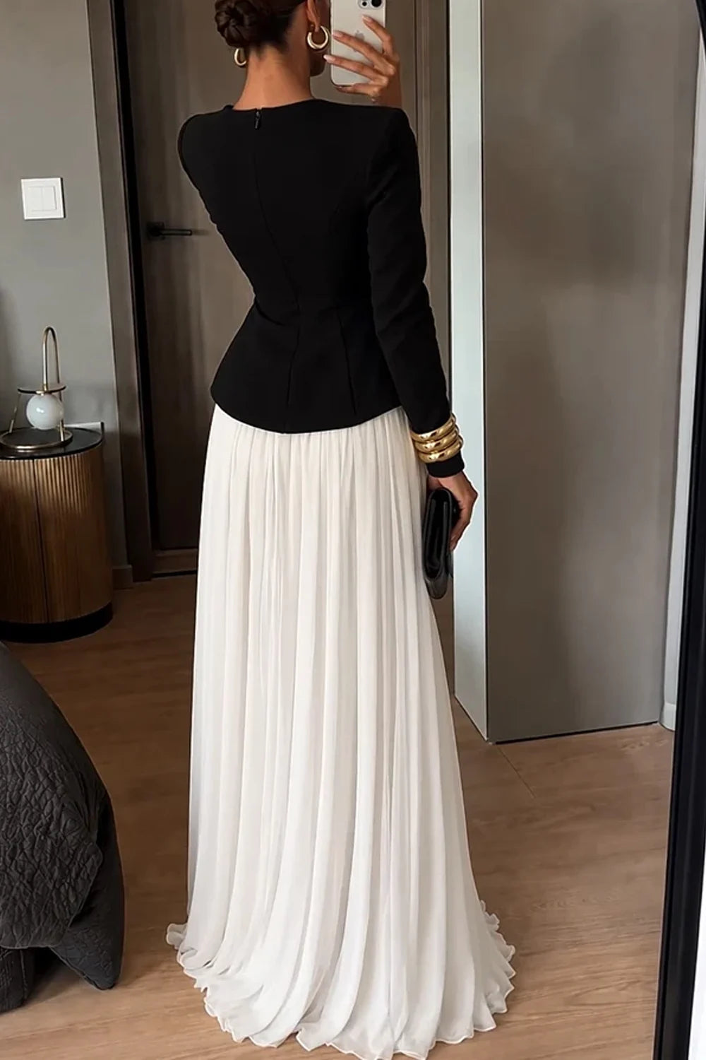 Elegant Long Sleeve Peplum Split Top and Pleated Maxi Skirt Two Piece Set