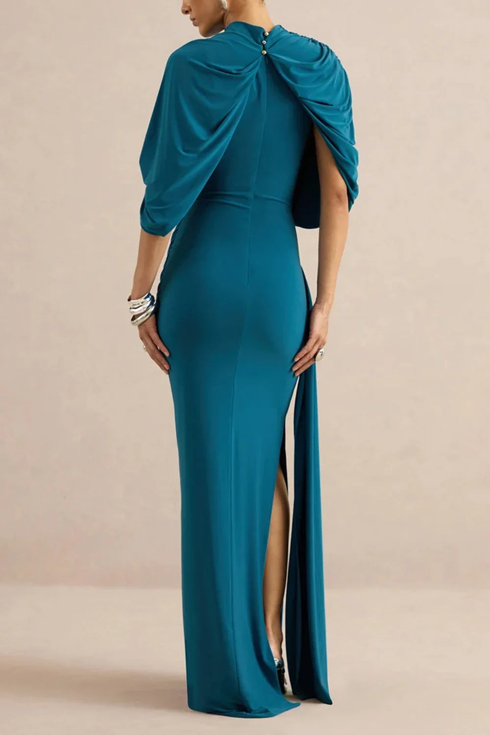 High Neck Draped Cape Asymmetric Ruched Maxi Dress with Slit