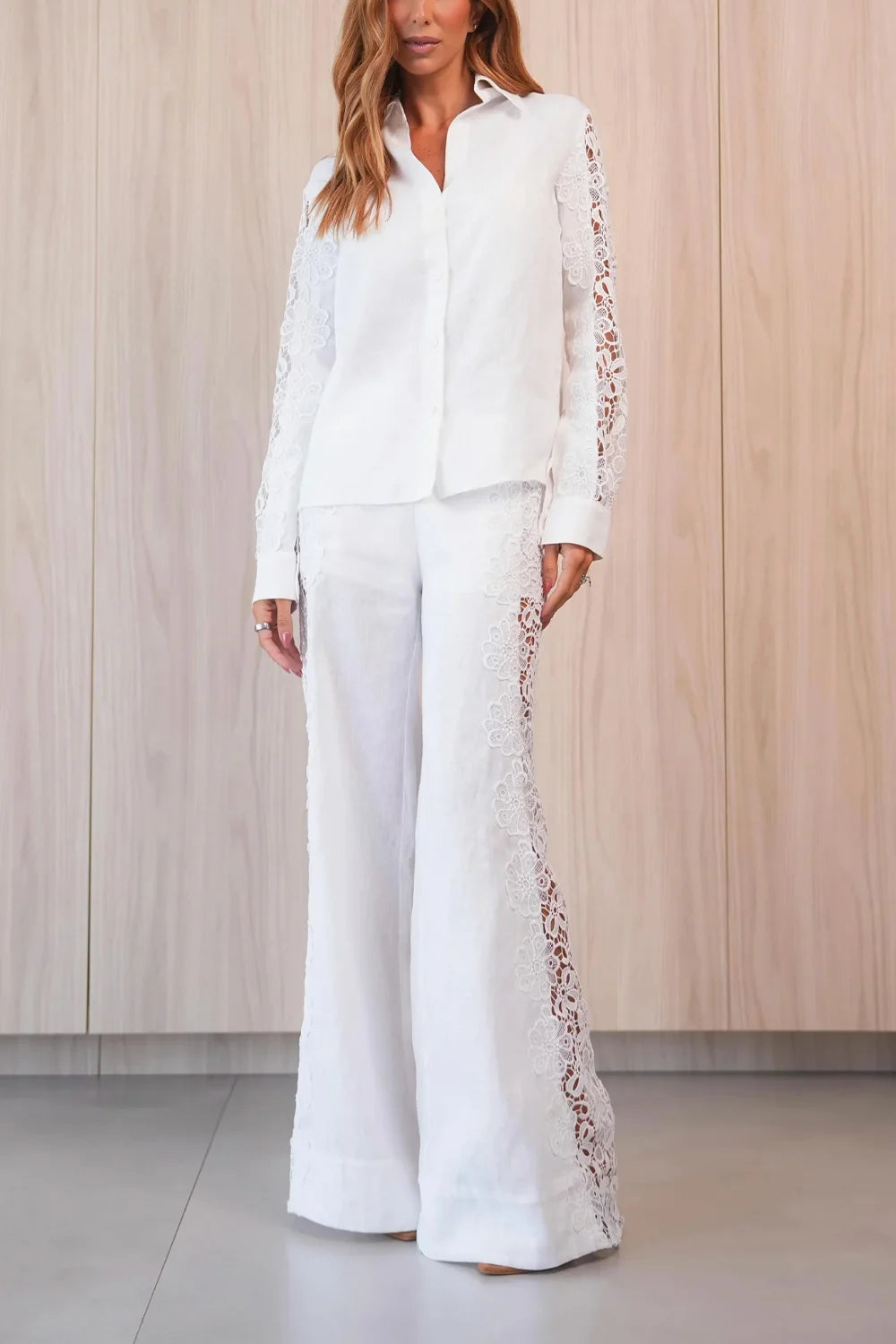 White Lace Panel Long Sleeve Shirt and Wide Leg Pants Two Piece Set