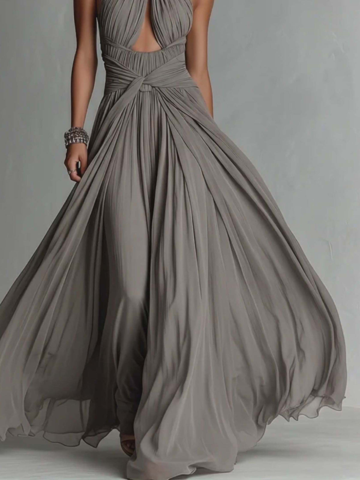Elegant High-Neck Ruched Cut-Out Flowing Maxi Dress