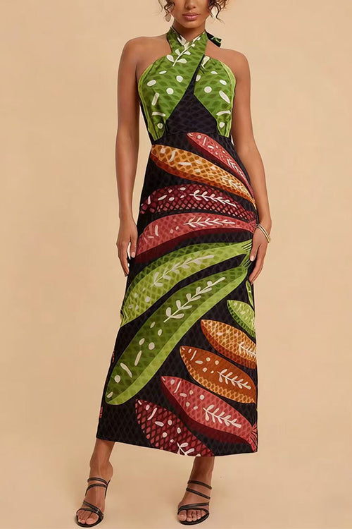 Tropical Leaf Print Halter Neck Midi Dress Women Sleeveless Wrap Summer Maxi Dress