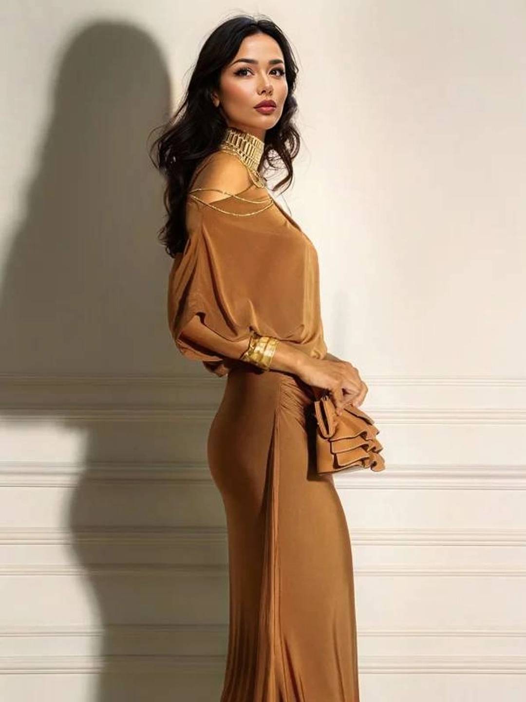 Oblique Collar Off-Shoulder Pleated Maxi Dress
