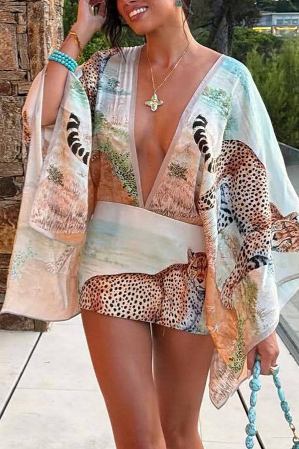 Deep V‑Neck Wide Flare Sleeve Leopard Landscape Print Wrap Mini Dress