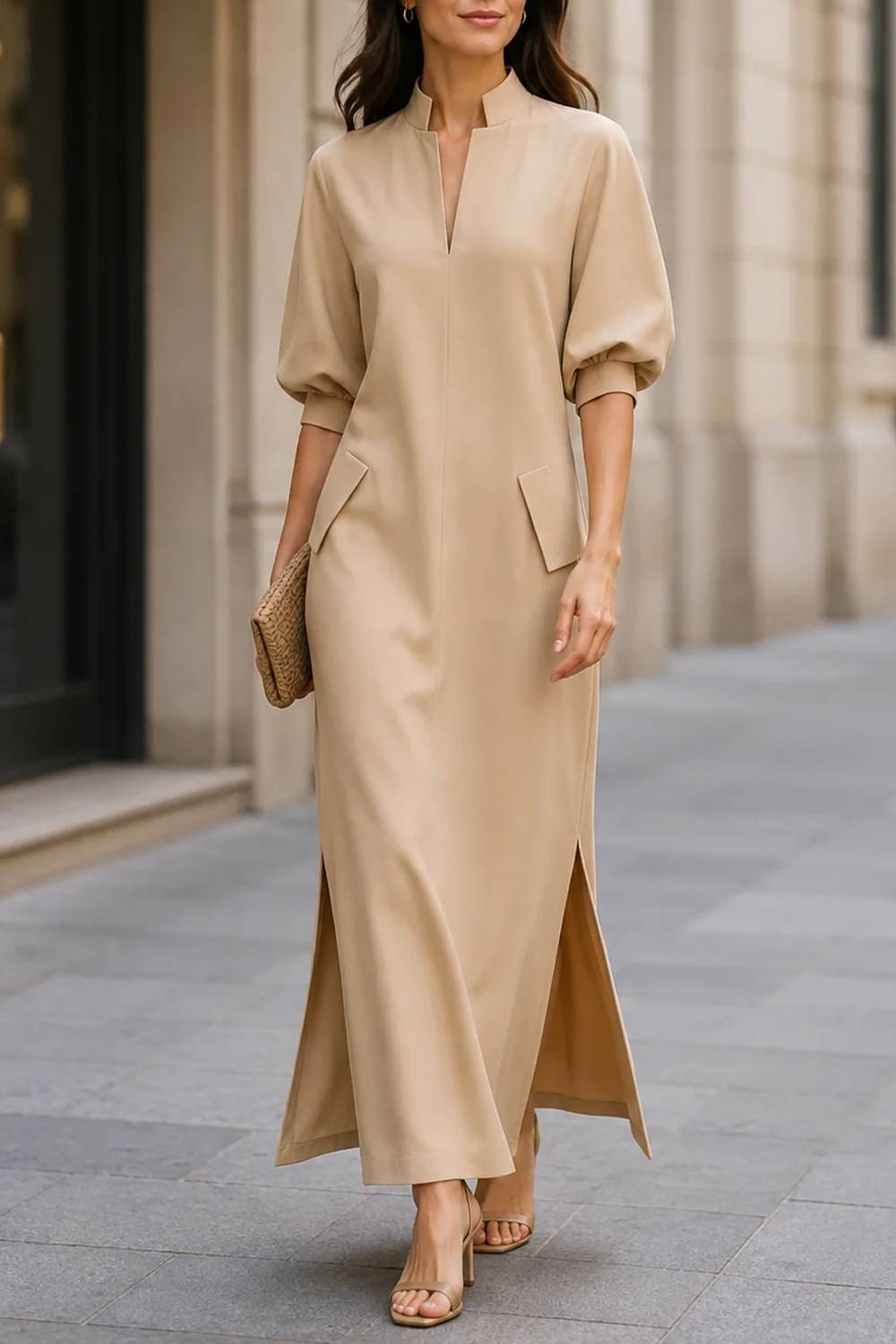 Vestido comprido com gola subida, mangas abalonadas, bolsos e racha lateral