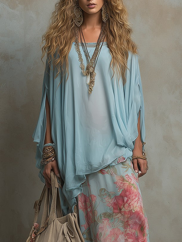 Fließendes Boho-Chiffon-Zweiteiler-Set mit Blumenprint