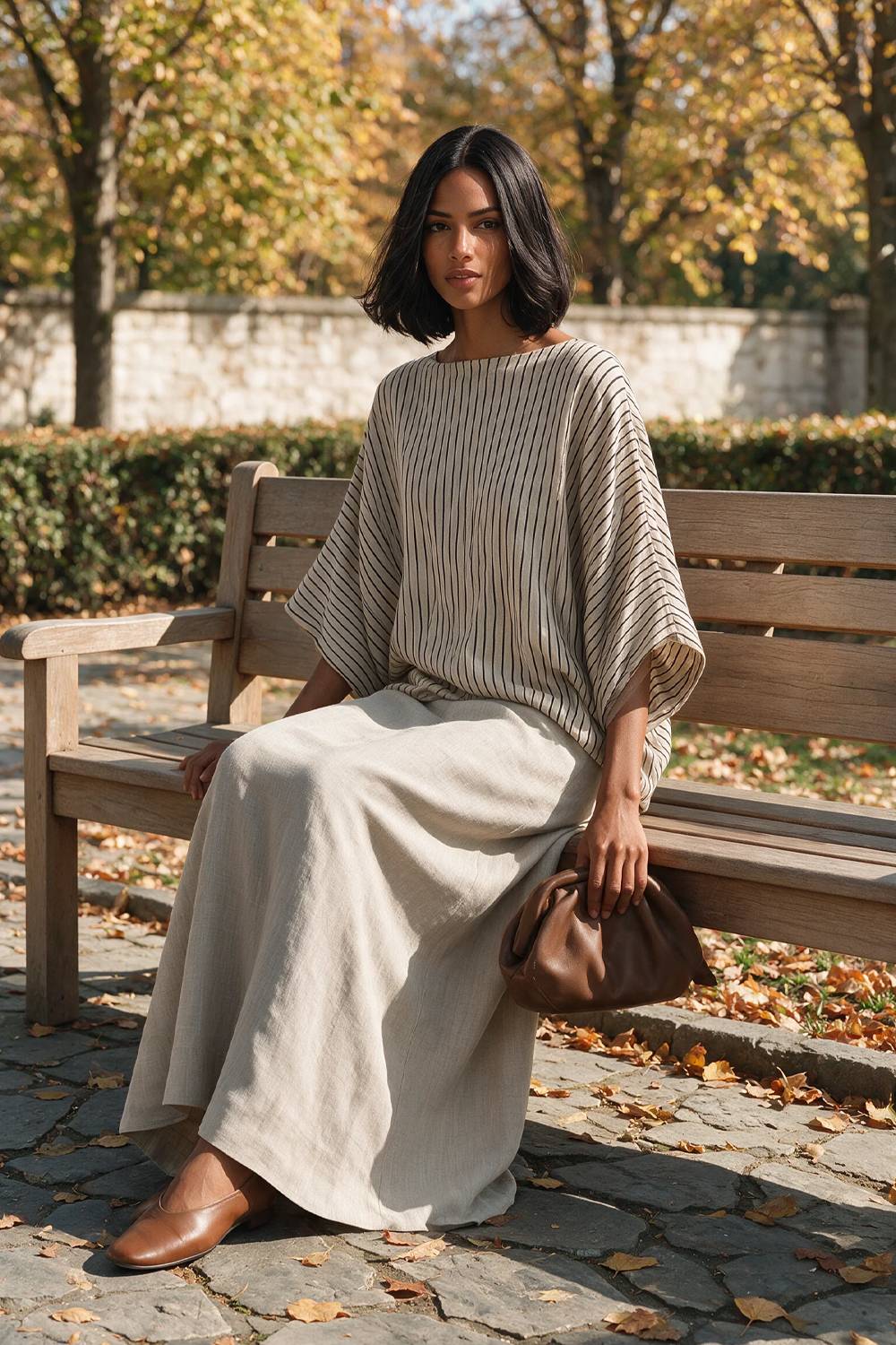 Boat Neck Batwing Sleeve Striped Top & Maxi Skirt Two‑Piece Outfit