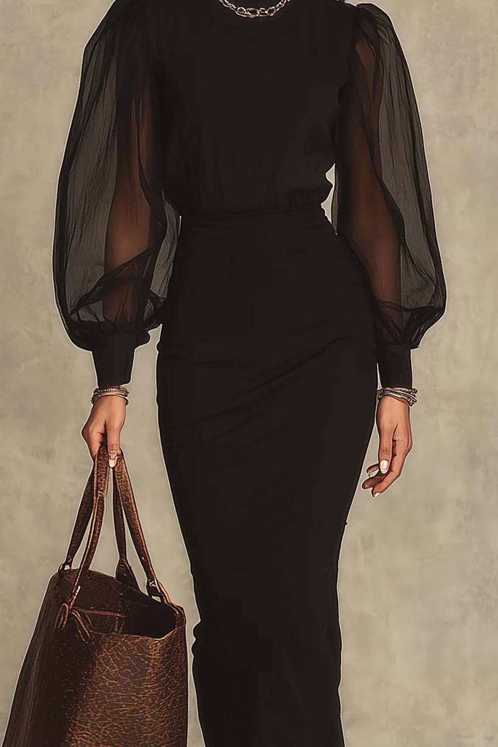Turtleneck Mesh Puff Long Sleeve Ruched Maxi Bodycon Dress
