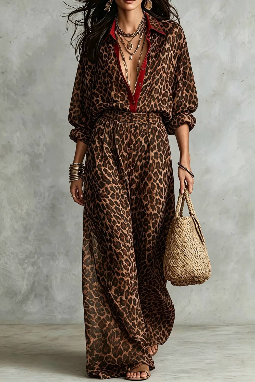 Conjunto de dos piezas con camisa de cuello en contraste y pantalón de pierna ancha con estampado de leopardo