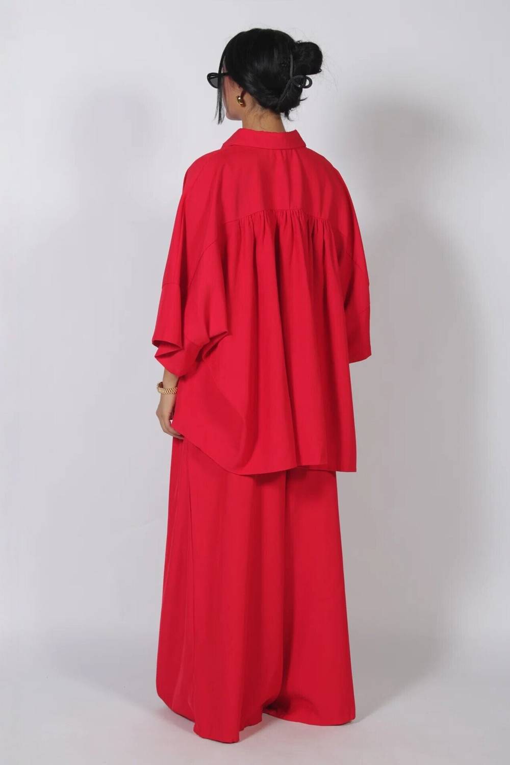 Oversized Lapel Button‑Up Shirt & Wide Leg Pants 2‑Piece Set