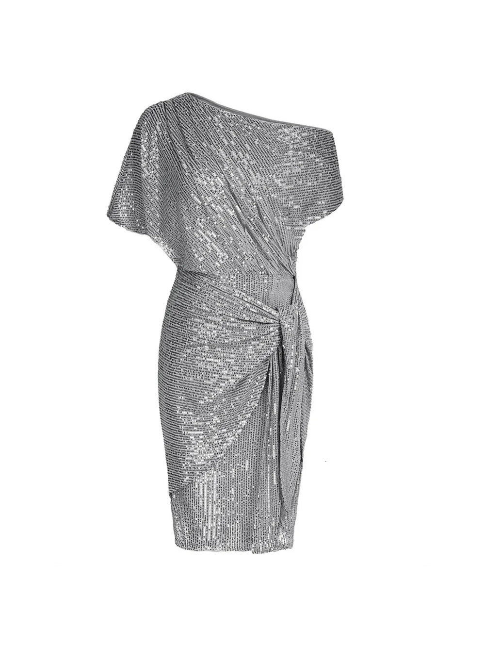 Elegante vestido mini asimétrico de lentejuelas y hombros descubiertos