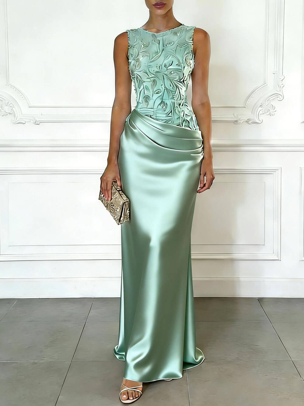 Elegantes ärmelloses Etui-Maxikleid aus hellrosa besticktem Satin mit Rundhalsausschnitt