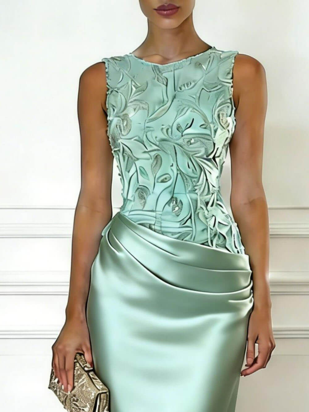 Elegantes ärmelloses Etui-Maxikleid aus hellrosa besticktem Satin mit Rundhalsausschnitt