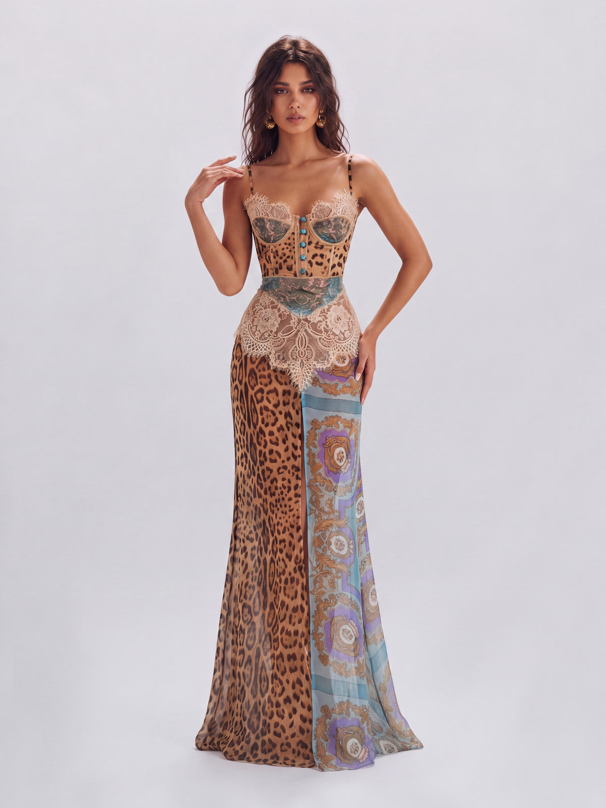 Lace Waist Leopard Print Vintage Patchwork High Split Perspective Long Slip Dress