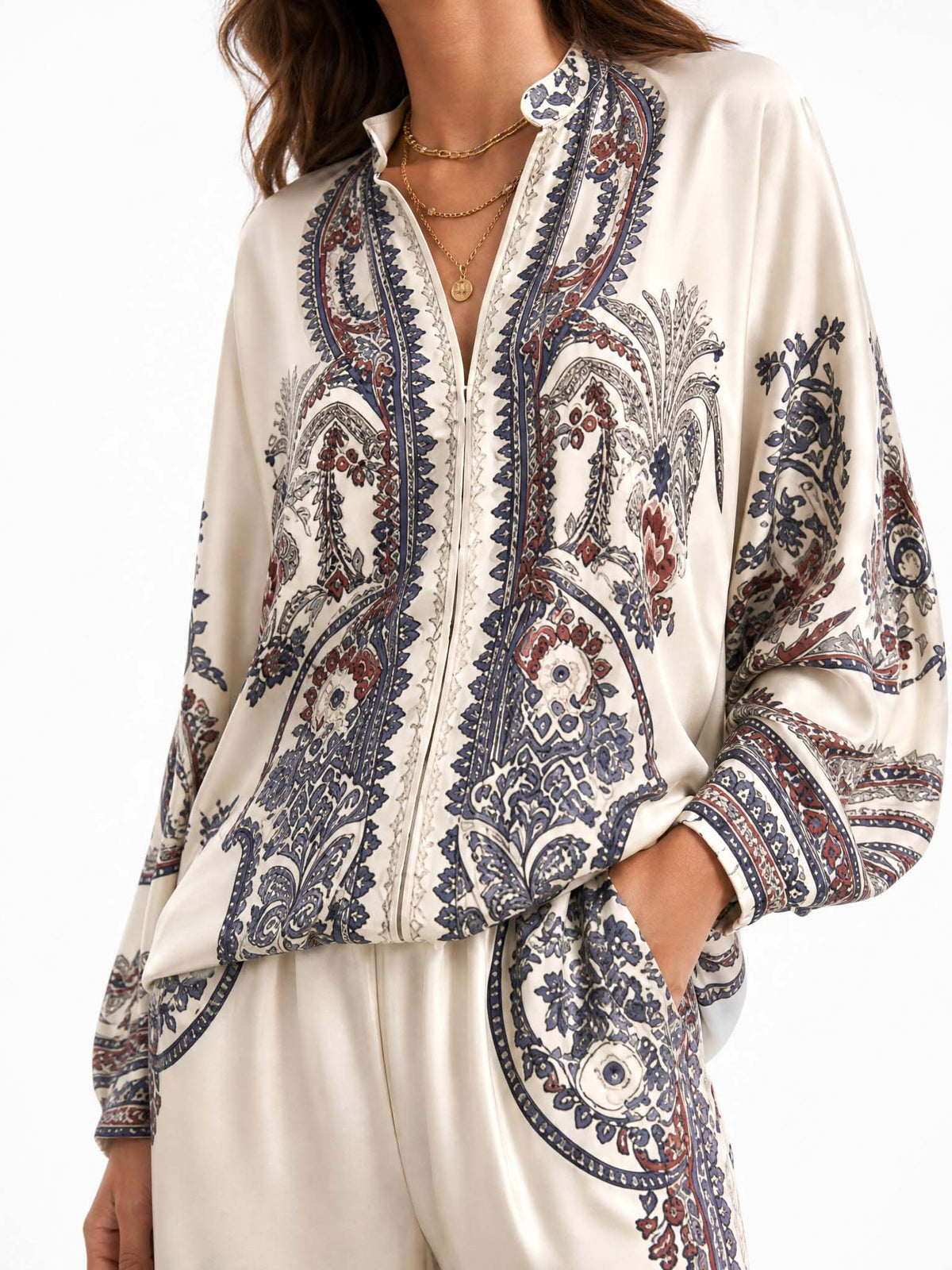 Completo da vacanza a due pezzi in stile bohémien, con top a maniche lunghe con stampa e pantaloni a gamba larga