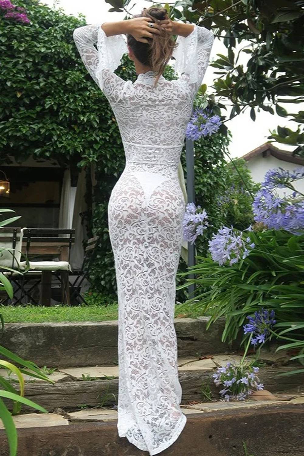 V‑Neck Long Bell Sleeve Lace Sheer Maxi Dress