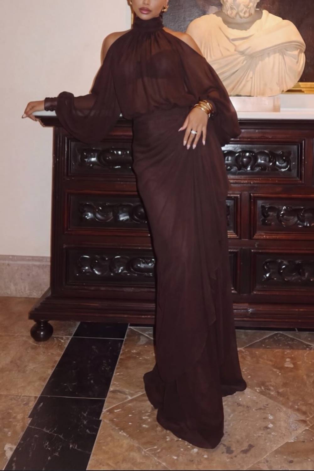 Halter Cold‑Shoulder Blouse & Ruffle Maxi Skirt Two‑Piece Set