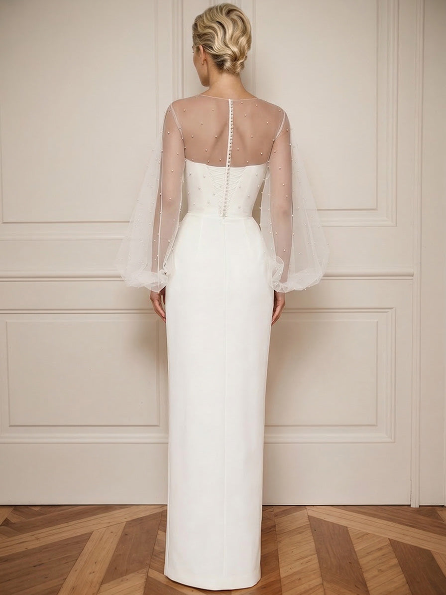 Elegantes Maxikleid mit transparenten Ärmeln und Perlenverzierungen