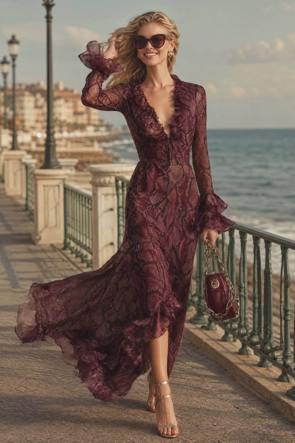 Vestido largo vaporoso con estampado de serpiente, volantes, escote en V y mangas largas