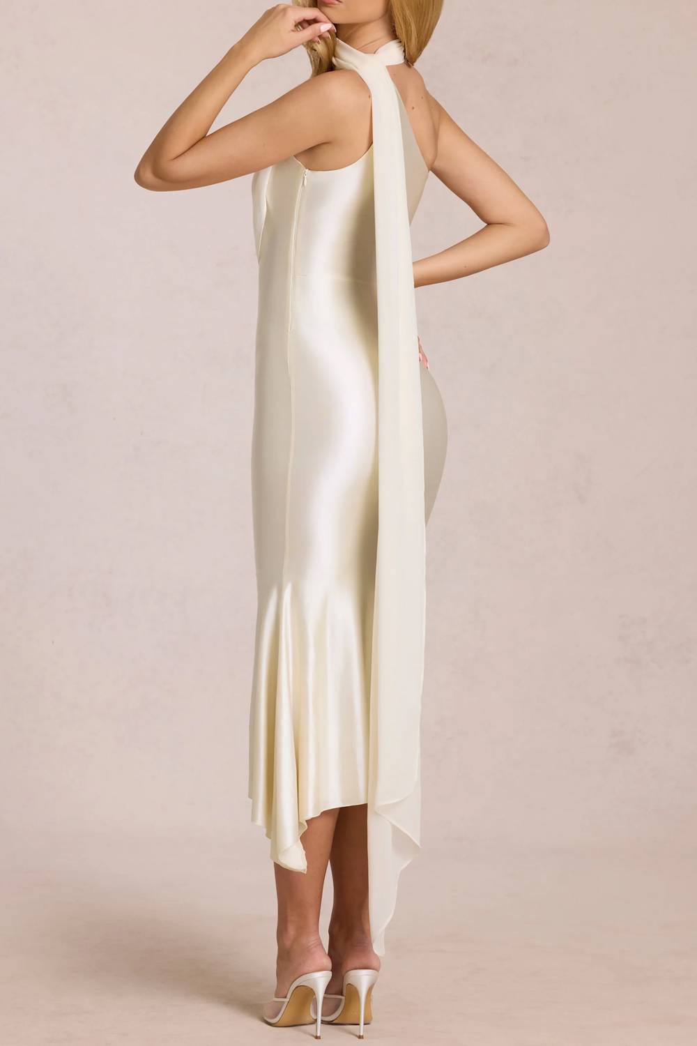 Halter Draped Satin Midi Mermaid Dress