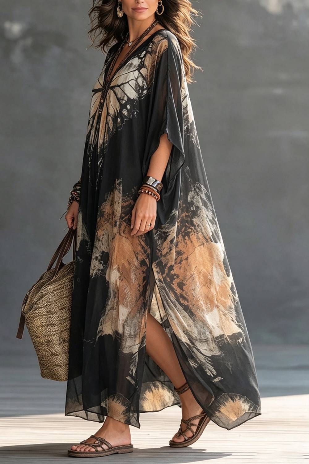 Vestido maxi tipo kaftan largo com estampado de borboletas e decote em V