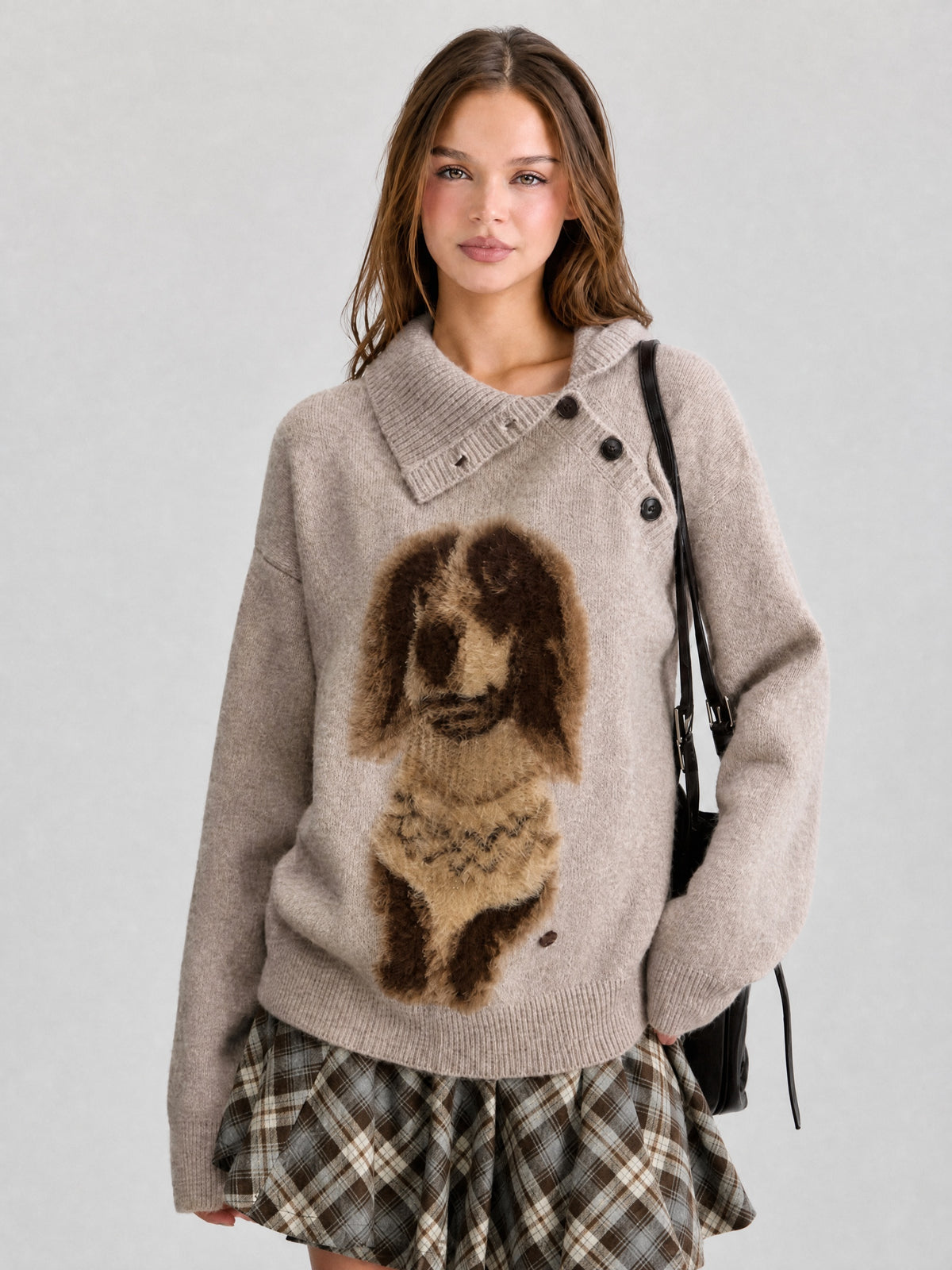 Pull en maille oversize LikeMyChoice pour femme, motif chien, col roulé asymétrique à boutons, imprimé chiot duveteux, pull décontracté d’automne