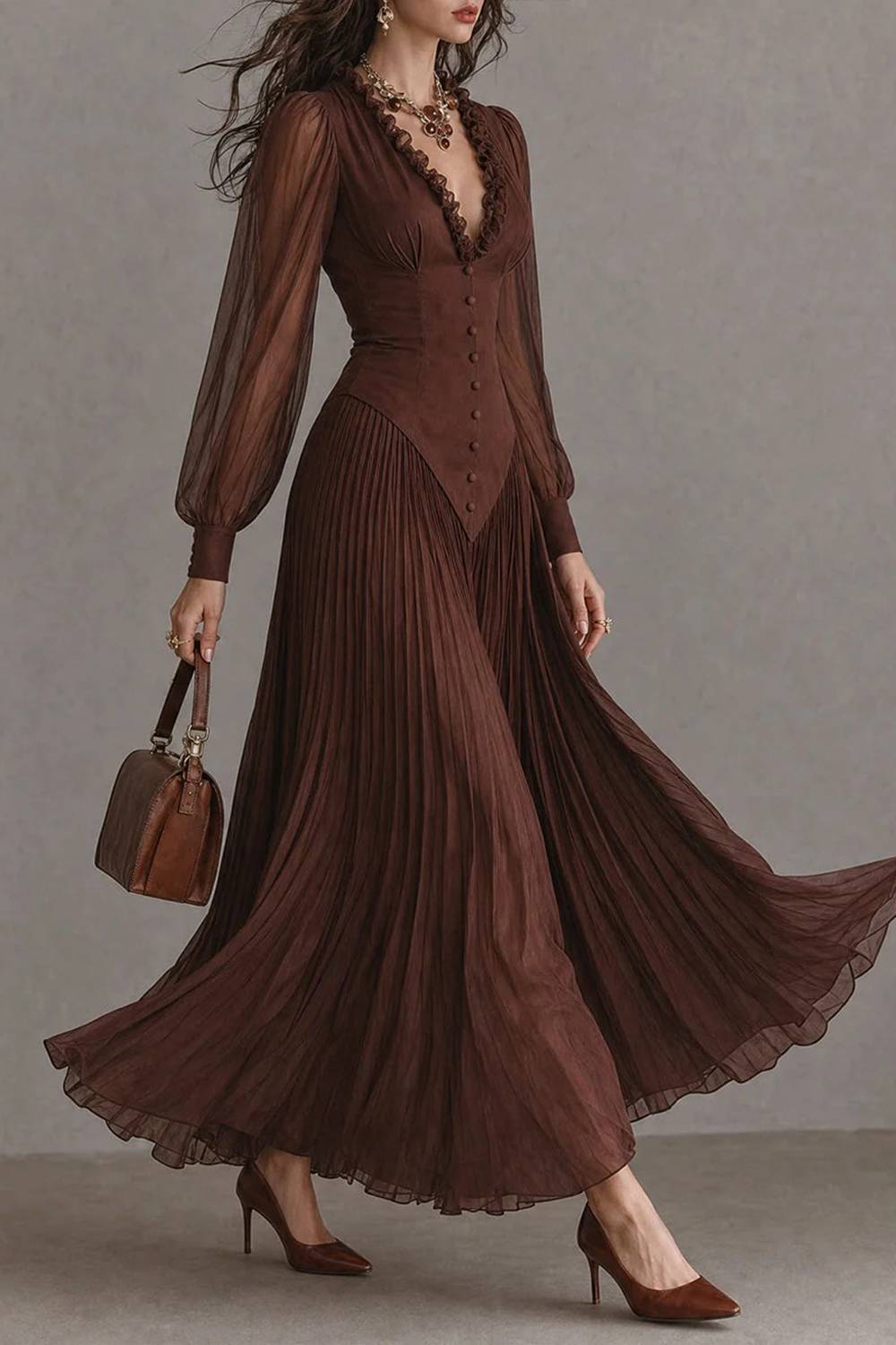 Vestido vintage com decote em V e mangas balão