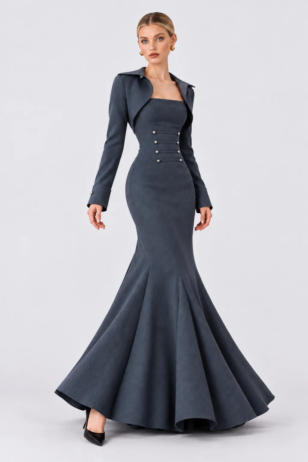 Charcoal Grey Cropped Bolero Jacket and Mermaid Maxi Dress Two Piece Set
