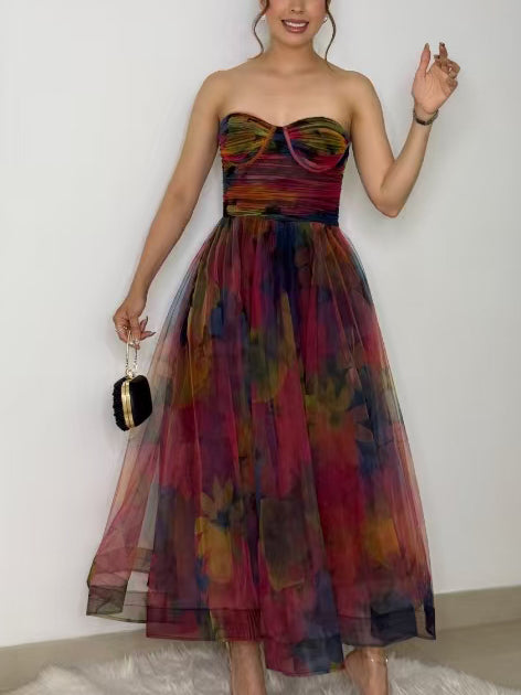 Elegant Fantasy Tulle Floral Print Midi Dress