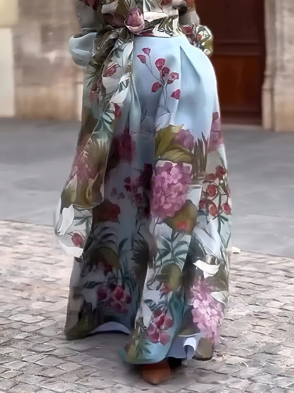 Falda línea A elegante con estampado floral acuarelado y cordones