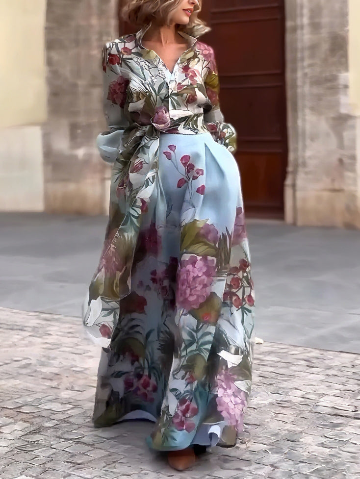 Falda línea A elegante con estampado floral acuarelado y cordones